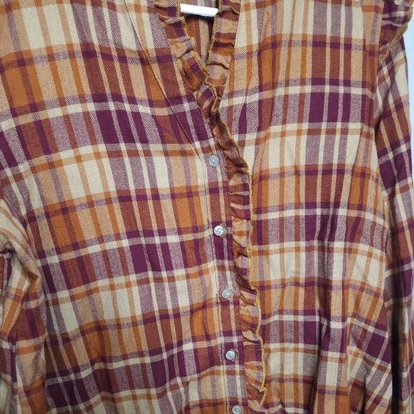 Frye• Ruffle orange/brown flacket button-down plaid shirt. Sz M - Picture 10 of 14